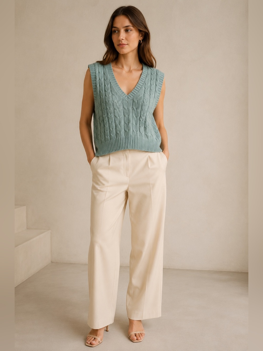 Cupcakes and Cashmere Cable Knit V-Neck Sleeveless Sweater Vest Sage Green sz m